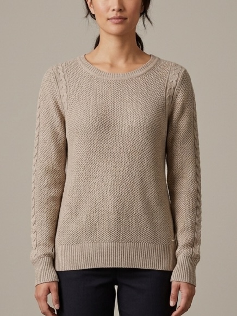LOFT Tan Beige Cotton Blend Cable Knit Stitchy Sweater